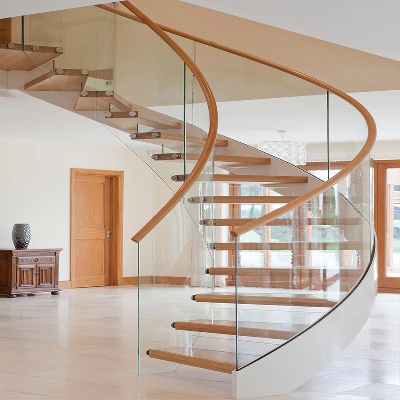 Curved/arc Spiral Staircase Indoor Luxury Modern Home Decoration Glass Stairs Wooden Stairs